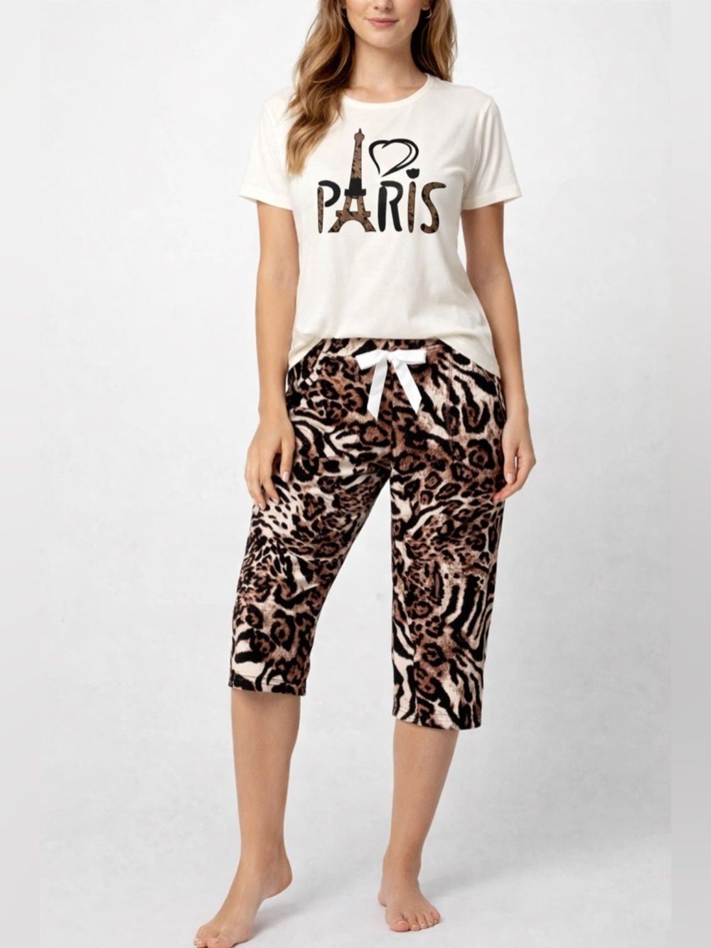 Women’s Paris Pajama Set Ivory Top Leopard Capri Pants Soft Sleepwear Set